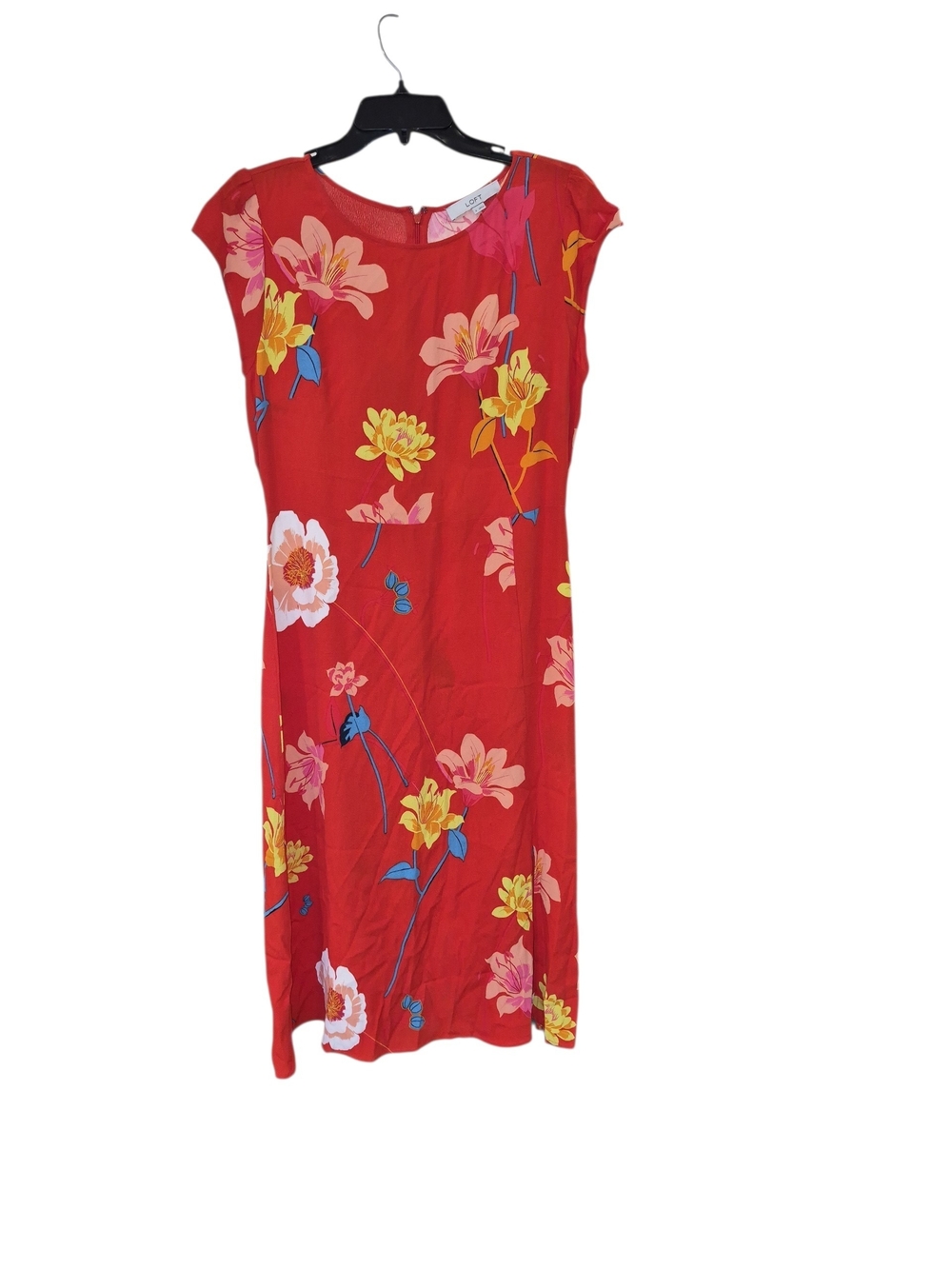 LOFT Red Floral Midi Dress with Pink & Yellow Blooms - Picture 3 of 3